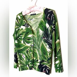 SAMANTHA SUNG Green Tropical Leaf Print Cardigan Silk cashmere blend Sz M